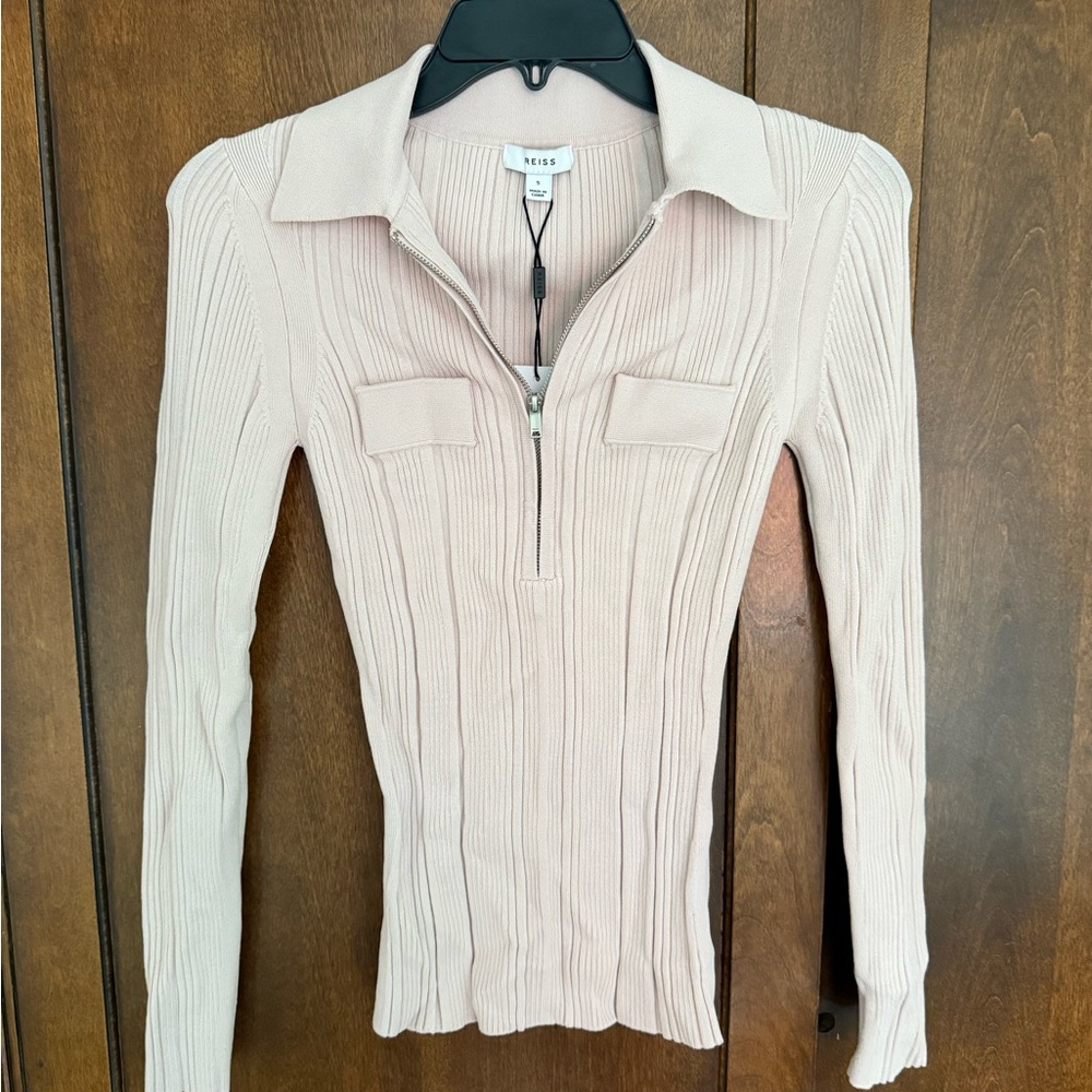 Reiss Pale Blush Ribbed Zip-Collar Long Sleeve Top
